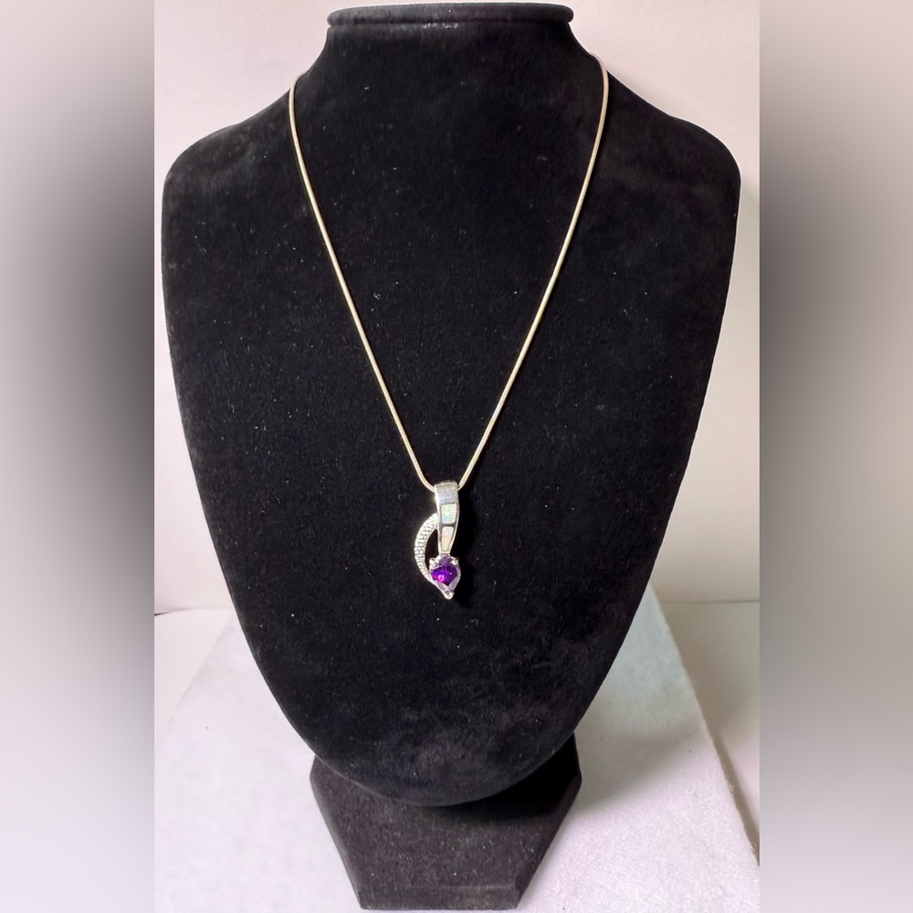 MJI 925 Italy Silver Snake Chain Necklace with Purple Stone and Opal Pendant